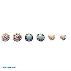New! Bundle‎ 3 Boho Southwestern Studs Stamped Heart Turquoise